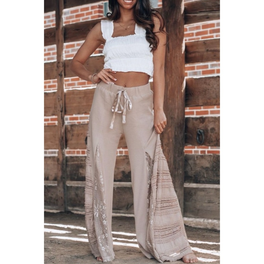 POL Mocha Latte Stretch Knit Lace Panel Wide Leg Pants - Picture 13 of 14